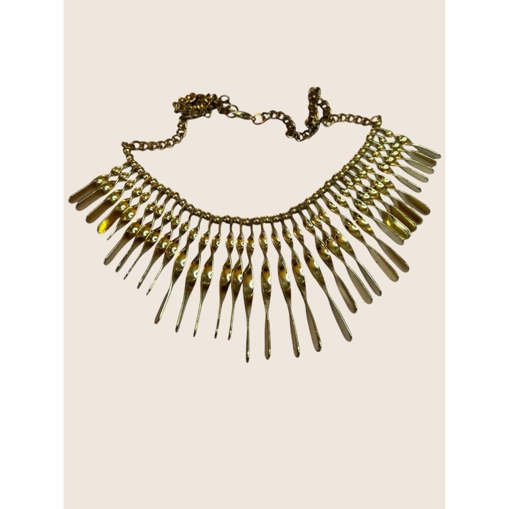 ✨ VTG GOLD TONE TWISTED FRINGE BIB NECKLACE STATEMENT COLLAR BRUTALIST REVIVAL